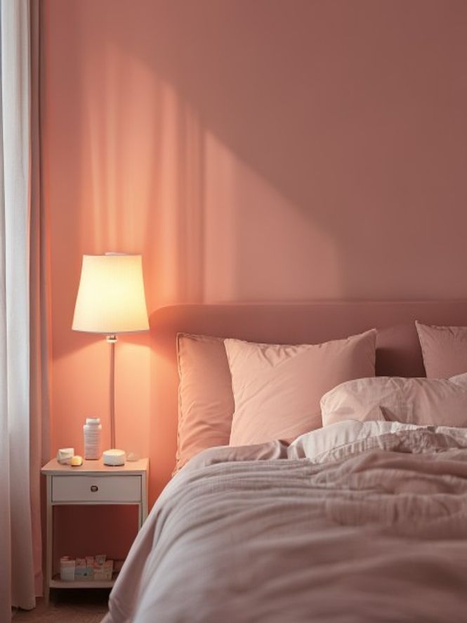 Stille sovevaerelse med blødt natslys fra lampe