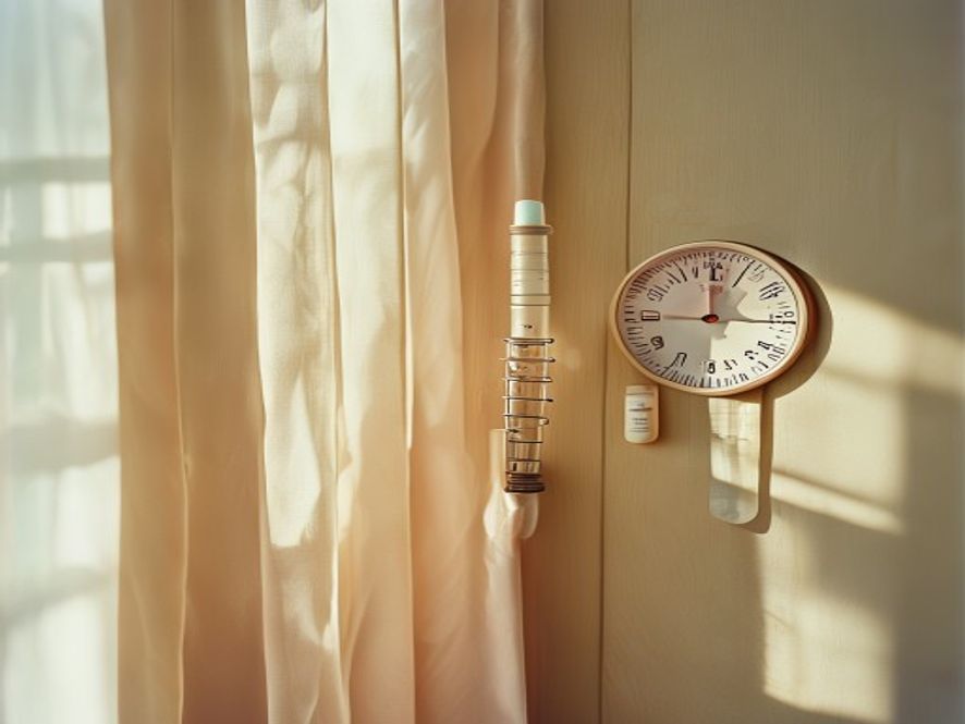 Termometer og åbent vindue i sovevaerelse om aften
